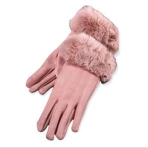 Glam Faux Fur Band Detailed Blush Colored Faux Suede Gloves
